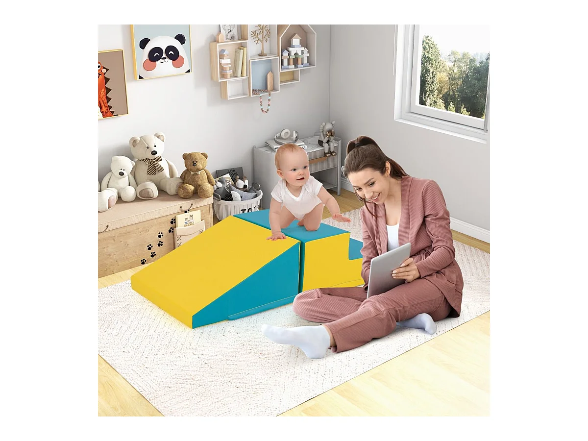 2PCS Parcours Motricité Bébé en Mousse avec Housse Amovible en PU, Module Motricité Bébé avec Marche & Toboggan, Jouets Éducatifs pour Ramper Grimper (Jaune+Vert)