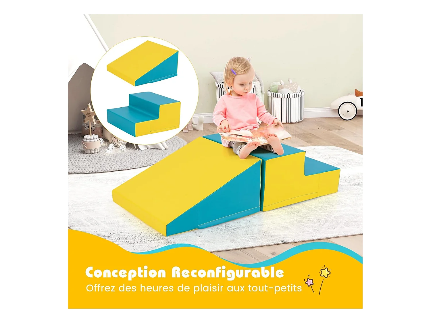 2PCS Parcours Motricité Bébé en Mousse avec Housse Amovible en PU, Module Motricité Bébé avec Marche & Toboggan, Jouets Éducatifs pour Ramper Grimper (Jaune+Vert)