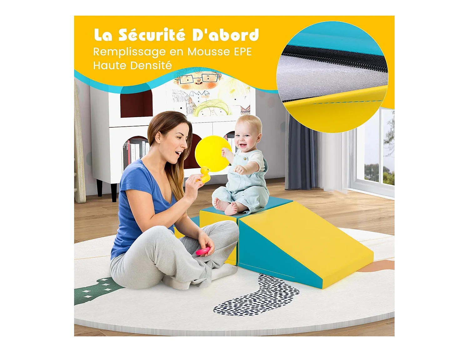 2PCS Parcours Motricité Bébé en Mousse avec Housse Amovible en PU, Module Motricité Bébé avec Marche & Toboggan, Jouets Éducatifs pour Ramper Grimper (Jaune+Vert)