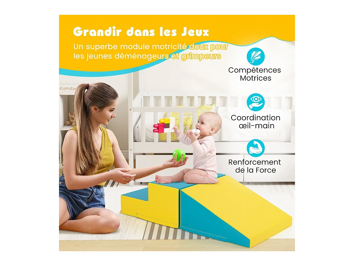 2PCS Parcours Motricité Bébé en Mousse avec Housse Amovible en PU, Module Motricité Bébé avec Marche & Toboggan, Jouets Éducatifs pour Ramper Grimper (Jaune+Vert)