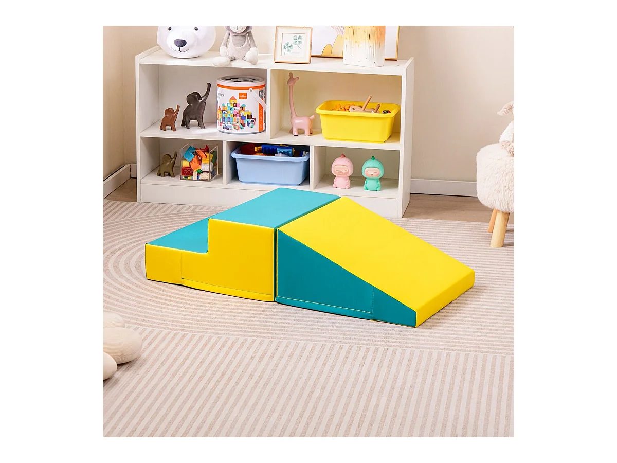 2PCS Parcours Motricité Bébé en Mousse avec Housse Amovible en PU, Module Motricité Bébé avec Marche & Toboggan, Jouets Éducatifs pour Ramper Grimper (Jaune+Vert)