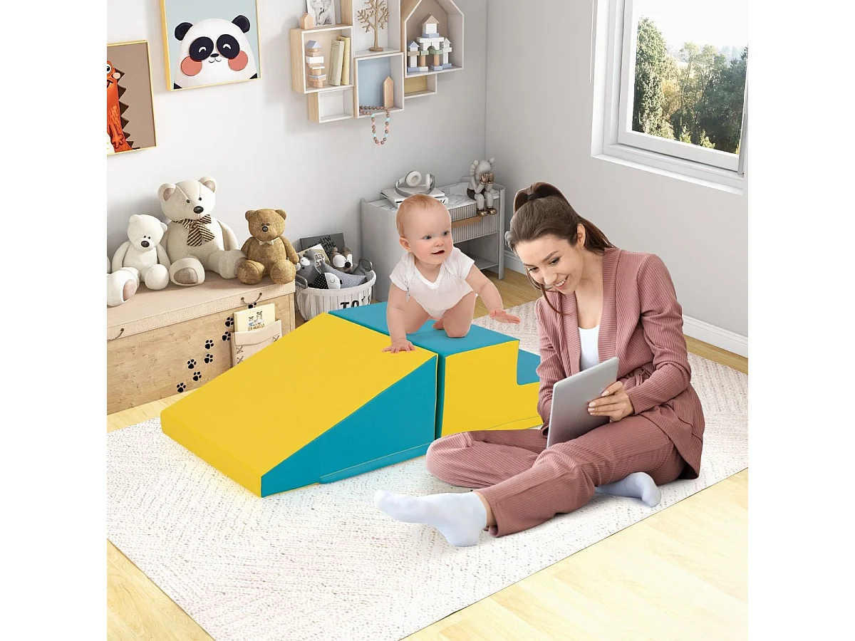 2PCS Parcours Motricité Bébé en Mousse avec Housse Amovible en PU, Module Motricité Bébé avec Marche & Toboggan, Jouets Éducatifs pour Ramper Grimper (Jaune+Vert)