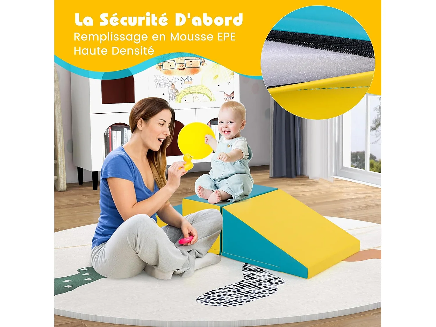 2PCS Parcours Motricité Bébé en Mousse avec Housse Amovible en PU, Module Motricité Bébé avec Marche & Toboggan, Jouets Éducatifs pour Ramper Grimper (Jaune+Vert)