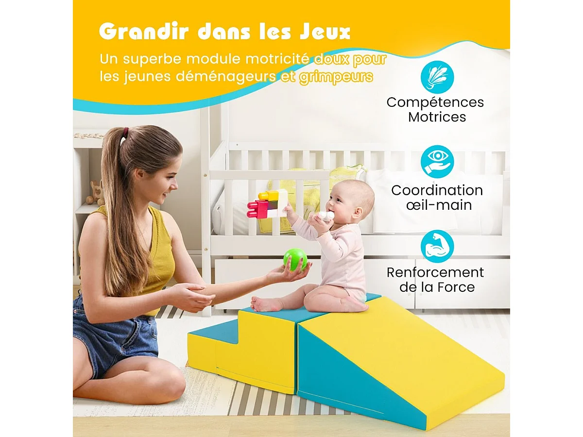 2PCS Parcours Motricité Bébé en Mousse avec Housse Amovible en PU, Module Motricité Bébé avec Marche & Toboggan, Jouets Éducatifs pour Ramper Grimper (Jaune+Vert)