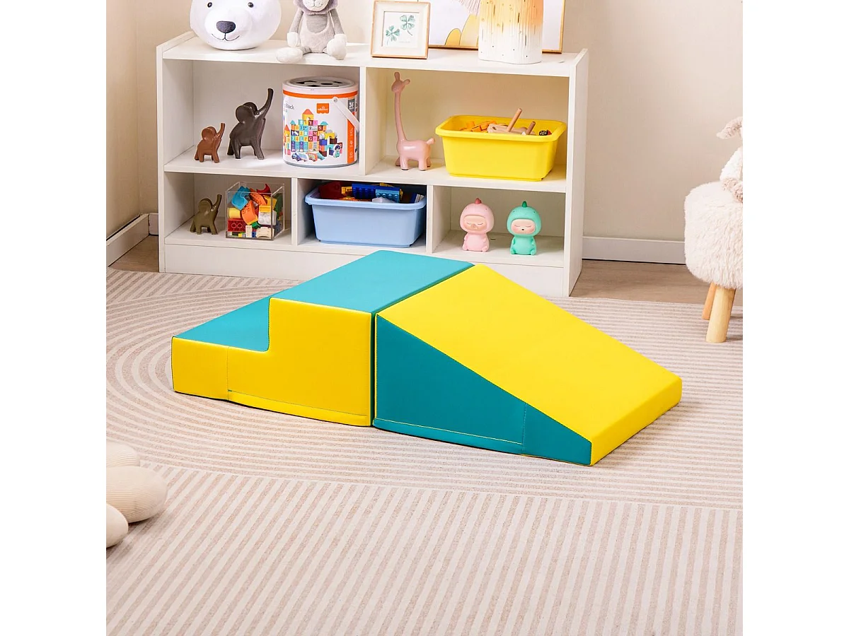 2PCS Parcours Motricité Bébé en Mousse avec Housse Amovible en PU, Module Motricité Bébé avec Marche & Toboggan, Jouets Éducatifs pour Ramper Grimper (Jaune+Vert)