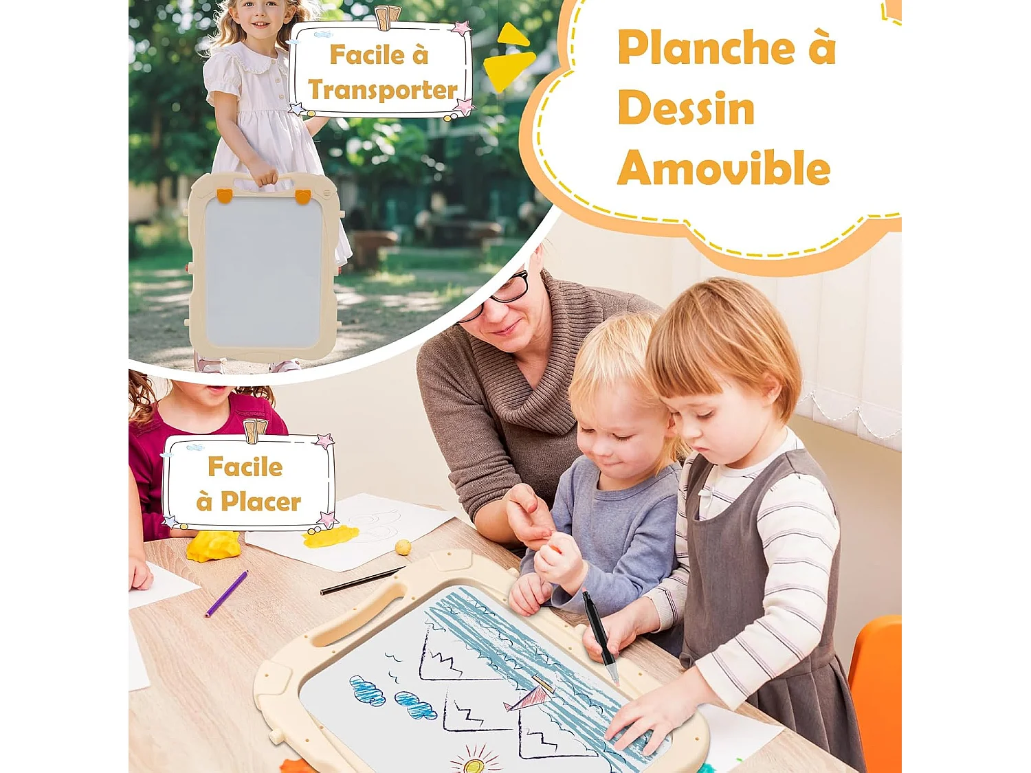 Tableau Enfant Double Face avec 2 Hauteur Réglable, Chevalet Enfant sur Pieds avec Plateau de Rangement & 2 Pots, Tableau Pivotant à 360° pour 3 Ans+ (Orange)
