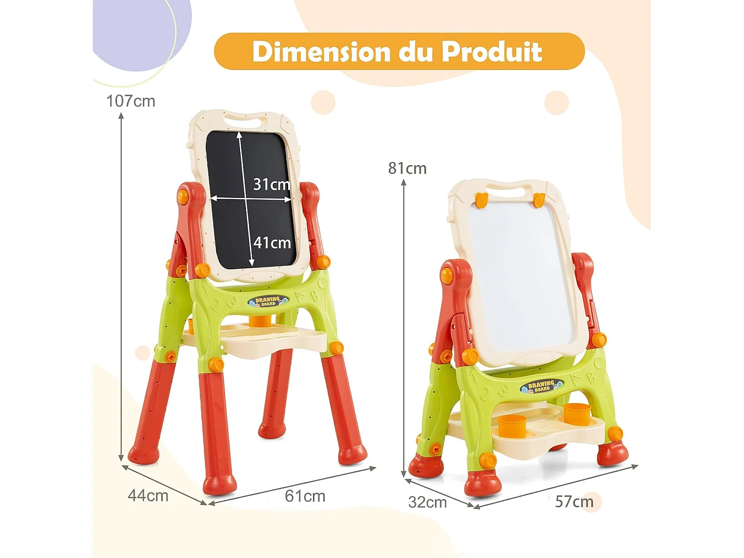 Tableau Enfant Double Face avec 2 Hauteur Réglable, Chevalet Enfant sur Pieds avec Plateau de Rangement & 2 Pots, Tableau Pivotant à 360° pour 3 Ans+ (Orange)