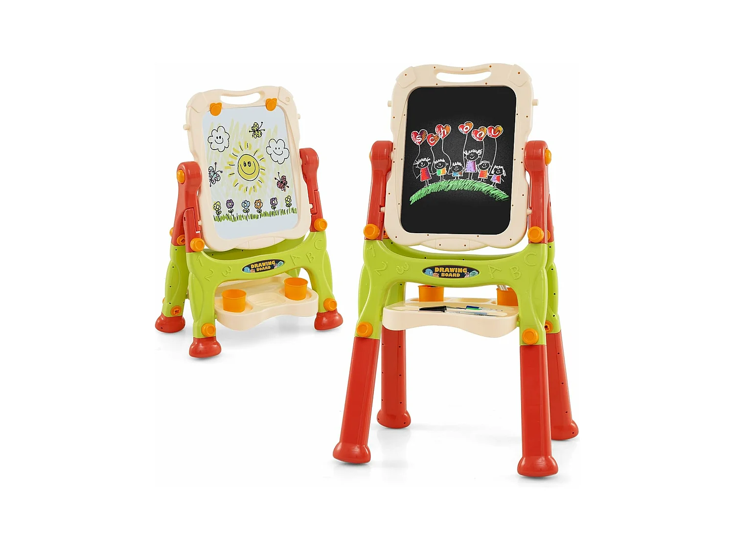 Kinderbord, dubbelzijdig kinderbord, in hoogte verstelbaar, met whiteboard en krijtbord, standbord voor kinderen, magneetbord vanaf 2 jaar, groen + oranje