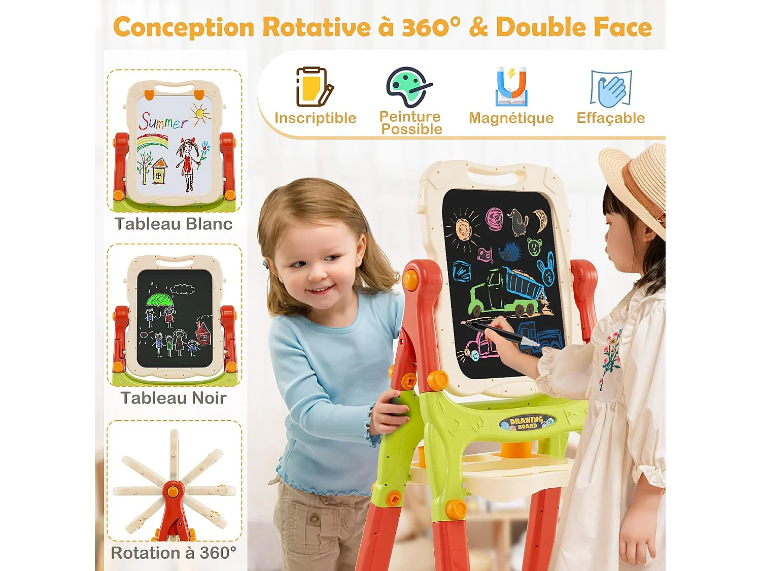 Tableau Enfant Double Face avec 2 Hauteur Réglable, Chevalet Enfant sur Pieds avec Plateau de Rangement & 2 Pots, Tableau Pivotant à 360° pour 3 Ans+ (Orange)