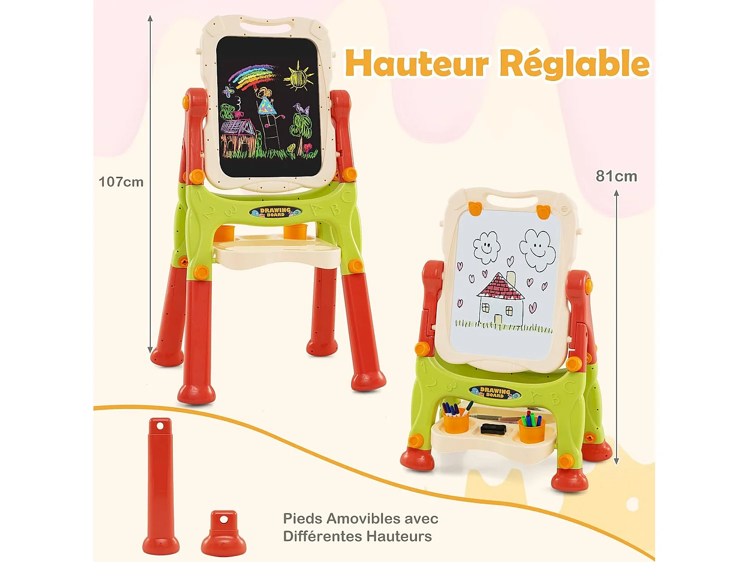 Tableau Enfant Double Face avec 2 Hauteur Réglable, Chevalet Enfant sur Pieds avec Plateau de Rangement & 2 Pots, Tableau Pivotant à 360° pour 3 Ans+ (Orange)