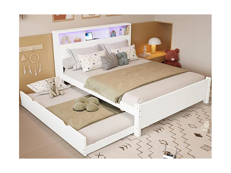 Doppelbett 120x200 cm - Mit Truhenbett 90x190 cm - Mit LED + USB-Steckdose - Kopfteil mit Staufach - Weiß