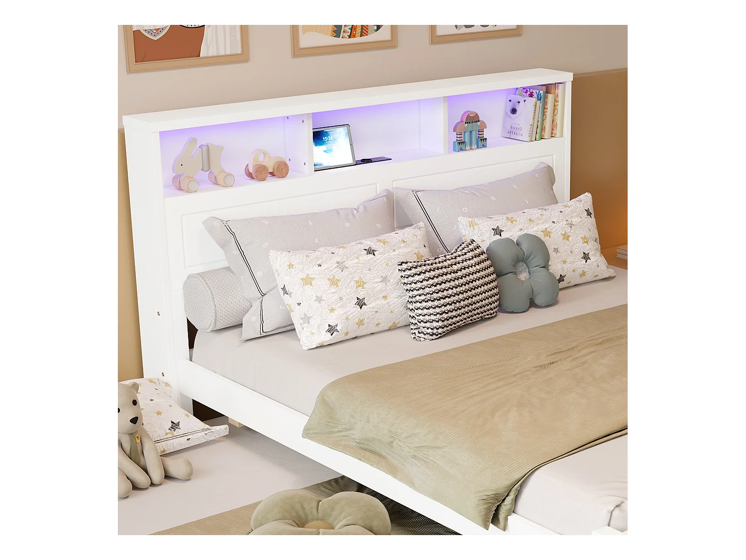 Doppelbett 120x200 cm - Mit Truhenbett 90x190 cm - Mit LED + USB-Steckdose - Kopfteil mit Staufach - Weiß