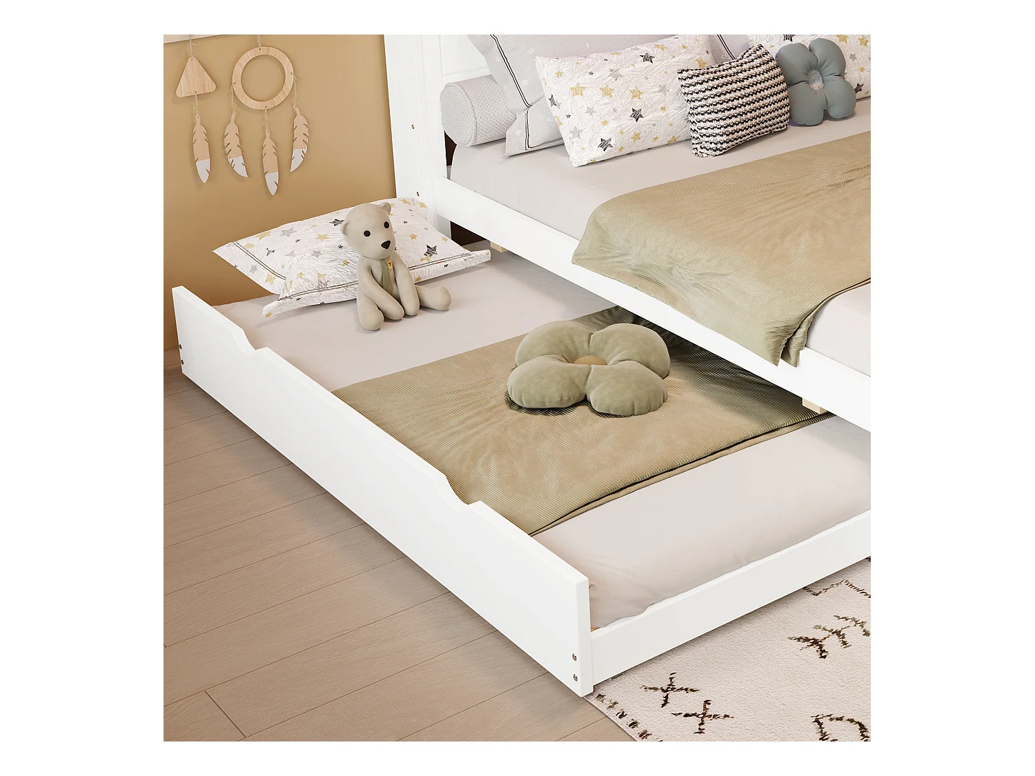 Doppelbett 120x200 cm - Mit Truhenbett 90x190 cm - Mit LED + USB-Steckdose - Kopfteil mit Staufach - Weiß