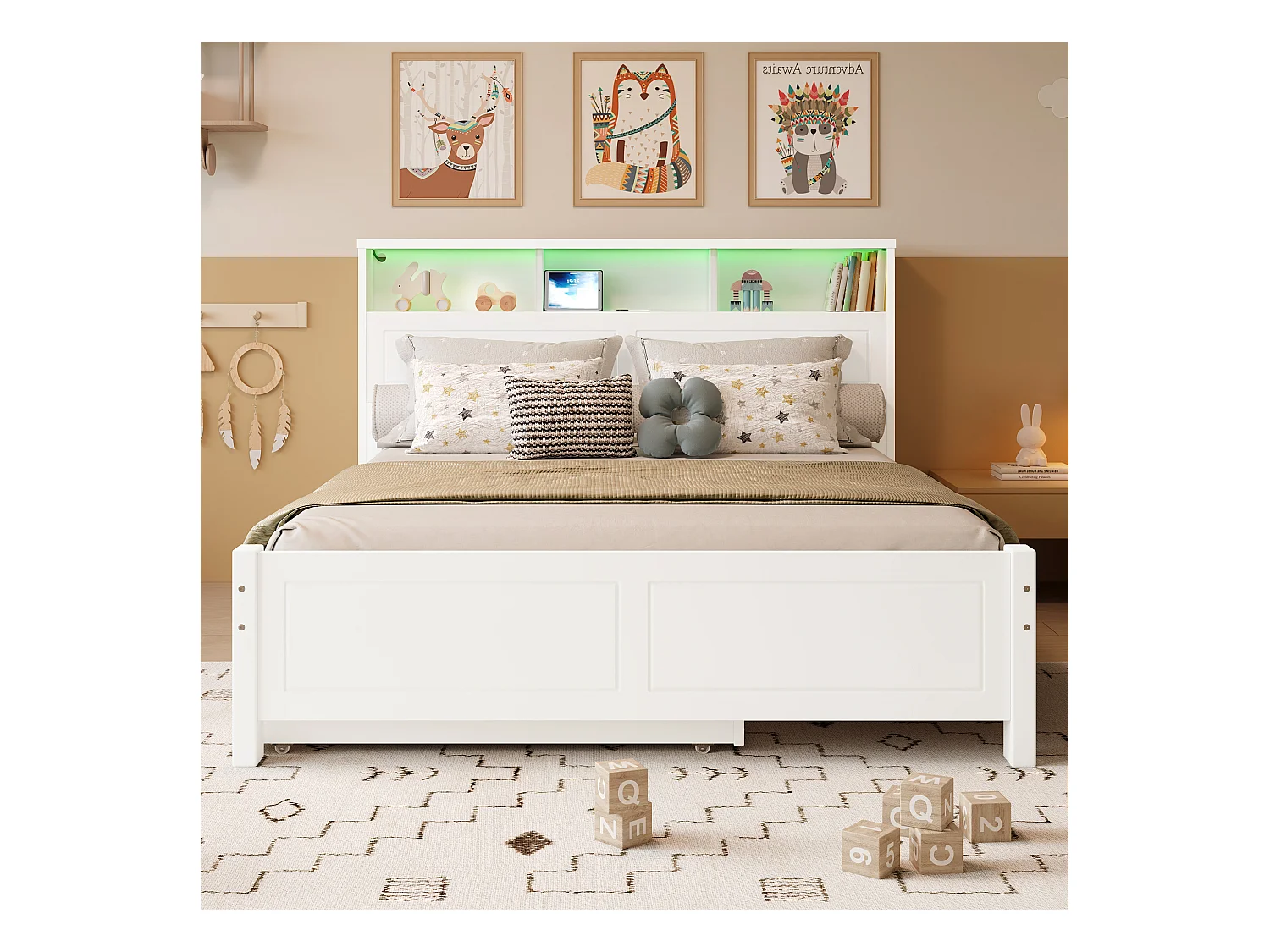 Doppelbett 120x200 cm - Mit Truhenbett 90x190 cm - Mit LED + USB-Steckdose - Kopfteil mit Staufach - Weiß