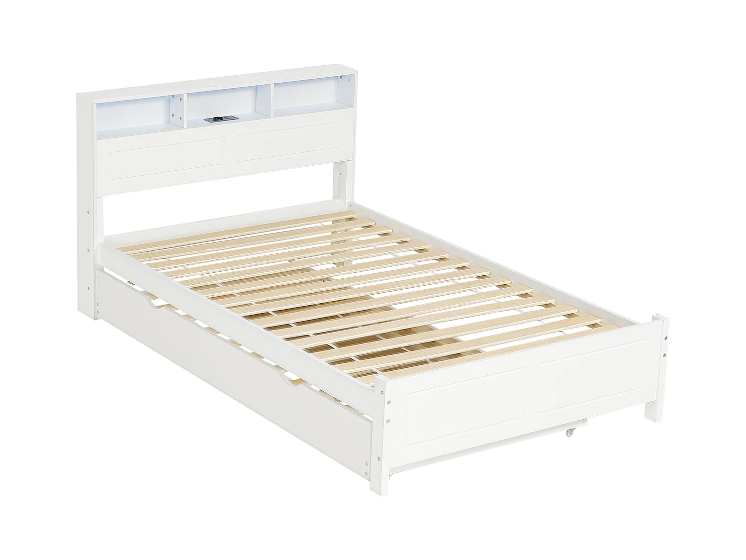 Doppelbett 120x200 cm - Mit Truhenbett 90x190 cm - Mit LED + USB-Steckdose - Kopfteil mit Staufach - Weiß