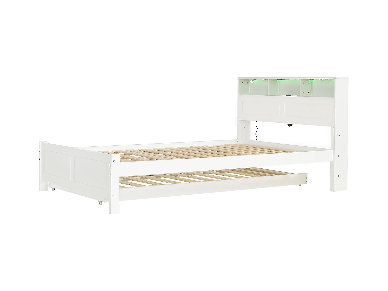 Doppelbett 120x200 cm - Mit Truhenbett 90x190 cm - Mit LED + USB-Steckdose - Kopfteil mit Staufach - Weiß