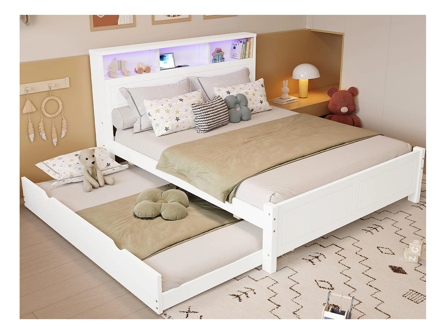 Lit double 120x200cm - Avec lit gigogne 90x190cm - Avec LED + prise USB - Tête de lit avec rangement - Blanc