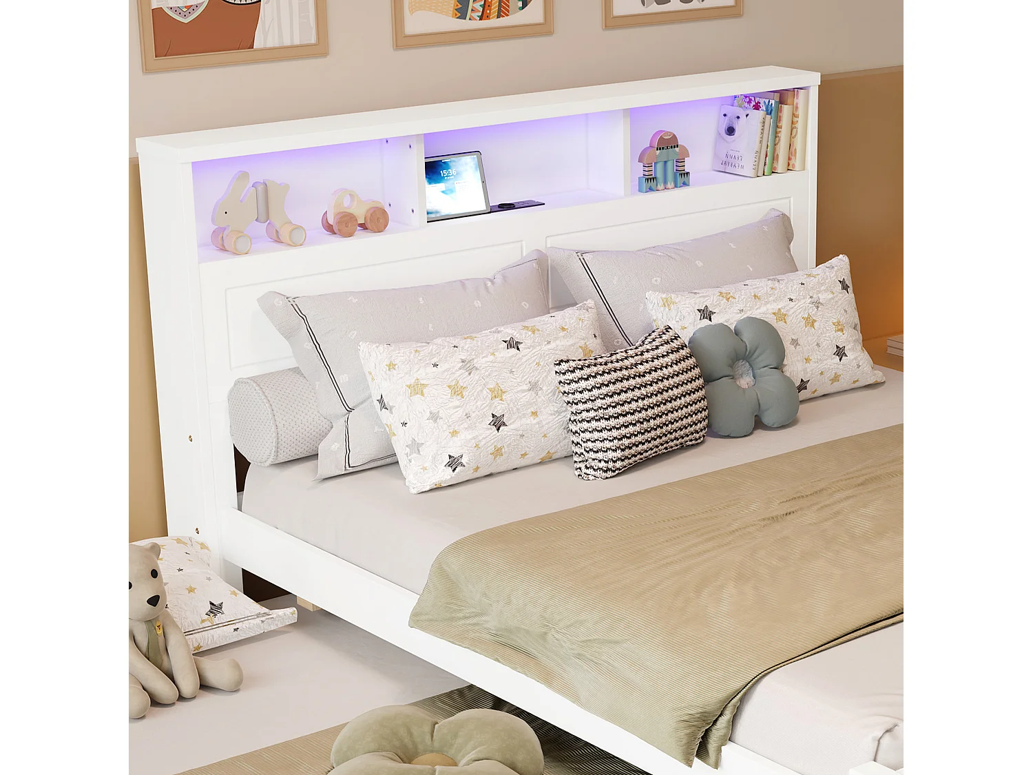 Lit double 120x200cm - Avec lit gigogne 90x190cm - Avec LED + prise USB - Tête de lit avec rangement - Blanc
