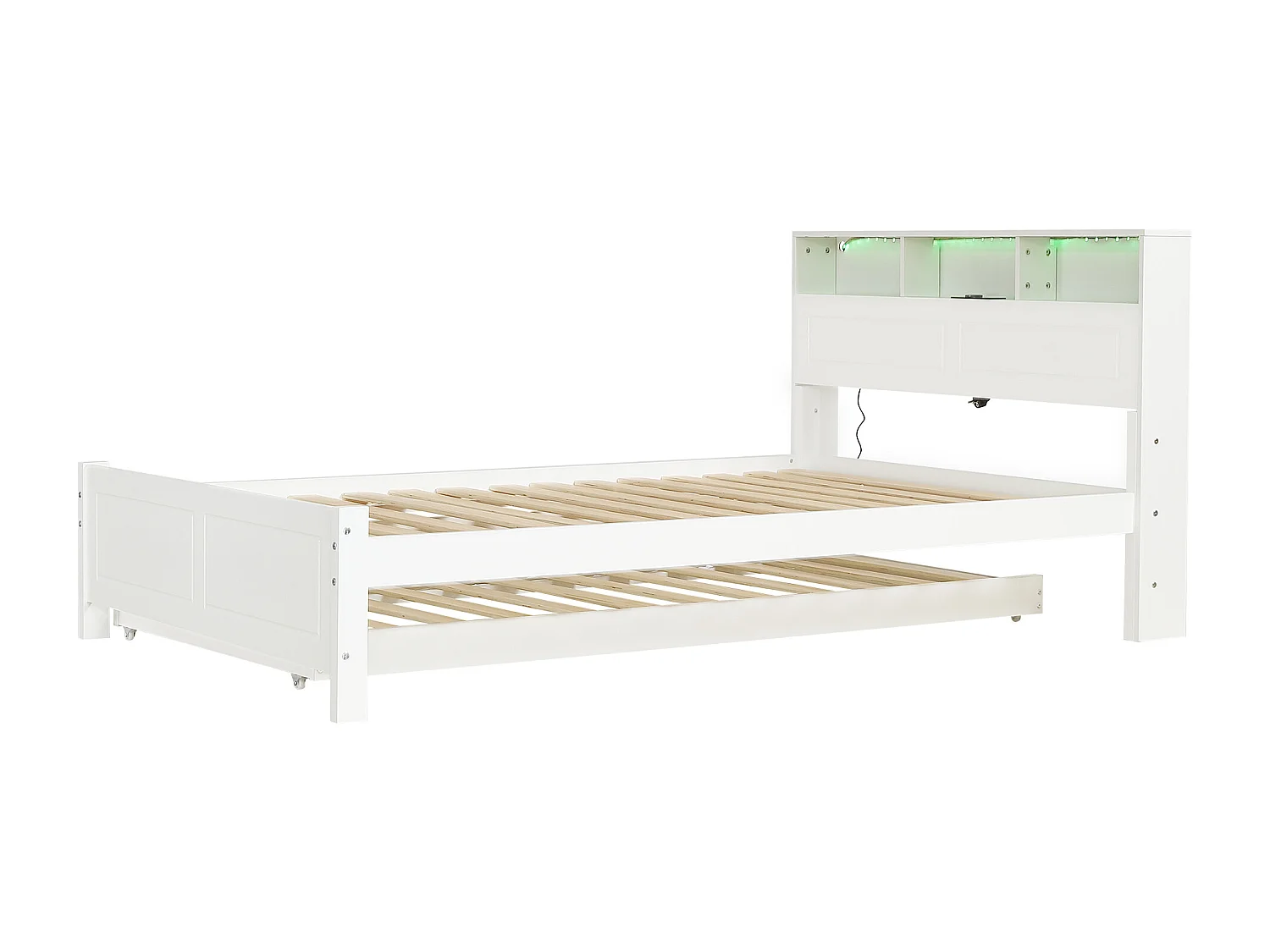 Lit double 120x200cm - Avec lit gigogne 90x190cm - Avec LED + prise USB - Tête de lit avec rangement - Blanc