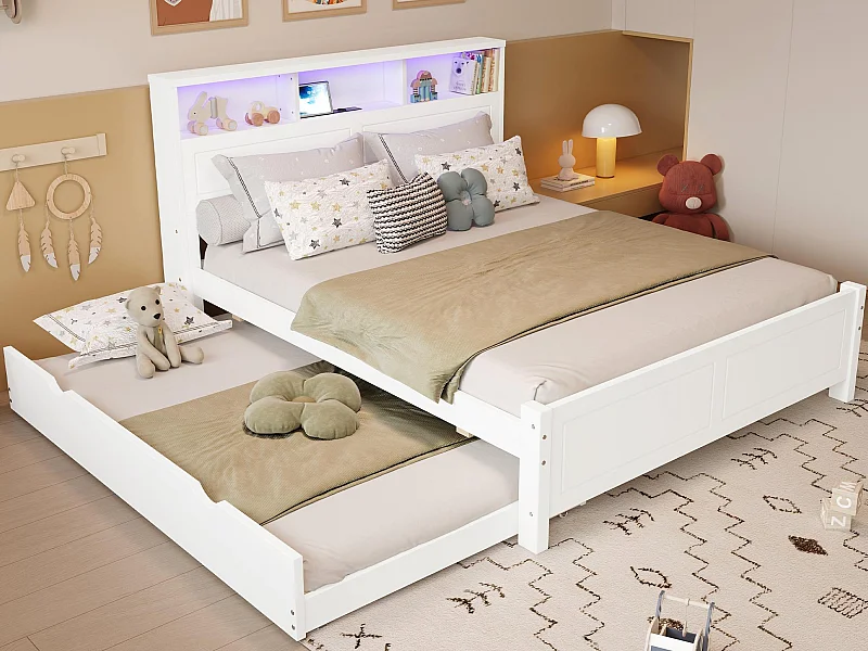 Tweepersoonsbed 120x200 cm - Met opbergbed 90x190 cm - Met LED + USB-aansluiting - Hoofdeinde met opbergruimte - Wit