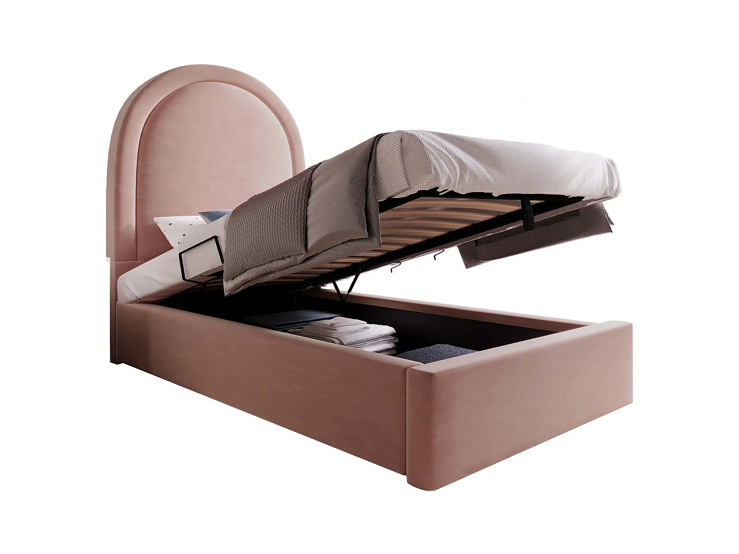 Lit coffre 90 x 200 cm - Lit enfant avec dossier rembourré - velours rose - sans matelas