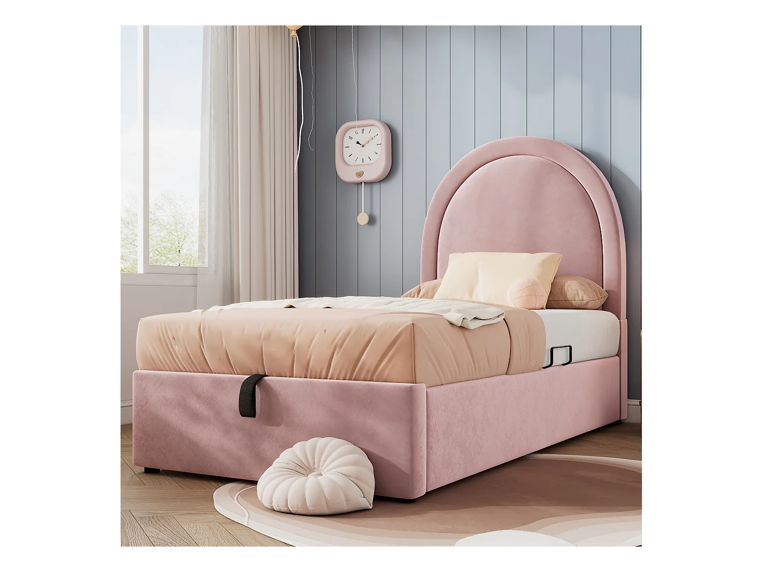 Lit coffre 90 x 190 cm - Lit enfant avec dossier rembourré - velours rose - sans matelas