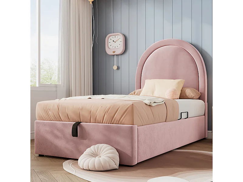 Lit coffre 90 x 190 cm - Lit enfant avec dossier rembourré - velours rose - sans matelas