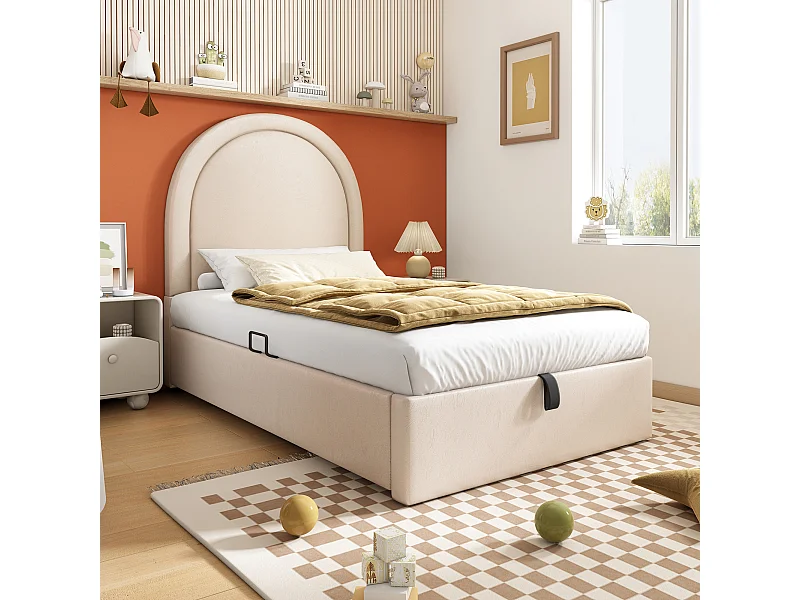 Lit coffre 90 x 200 cm - Lit enfant avec dossier rembourré - pu beige - sans matelas
