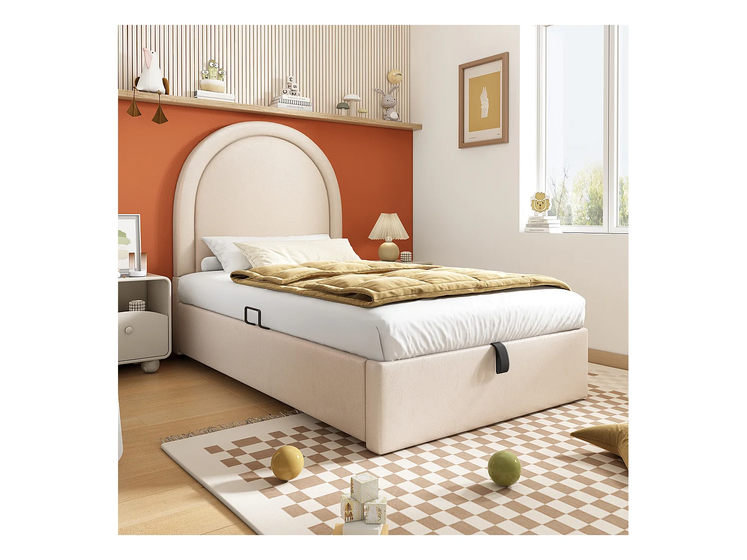 Lit coffre 90 x 190 cm - Lit enfant avec dossier rembourré - velours beige - sans matelas
