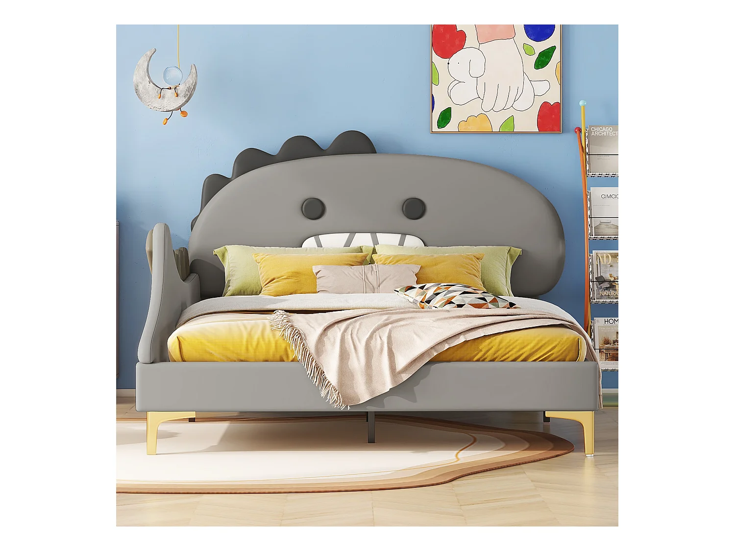 Lit enfant 140x200 cm Lit double - PU gris - tête de lit dessin animé - avec sommier à lattes