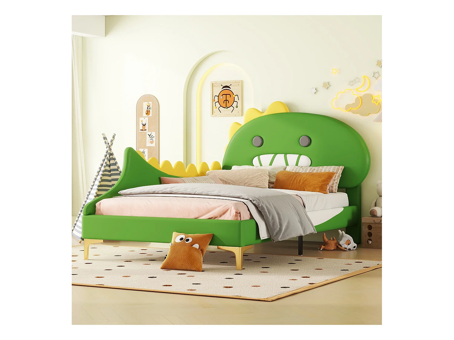 Lit enfant 90x200 cm Lit simple - PU vert - tête de lit dessin animé - avec sommier à lattes
