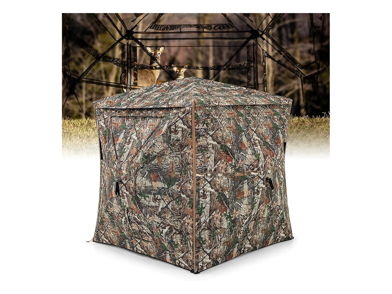 Store de Chasse Amovible 5 en 1 pour Max 3 Personnes, Tente de Chasse Pop-Up Camouflage, Vue à 360° avec Puits de Lumière, Sac de Transport Fenêtres, 148x148x164cm