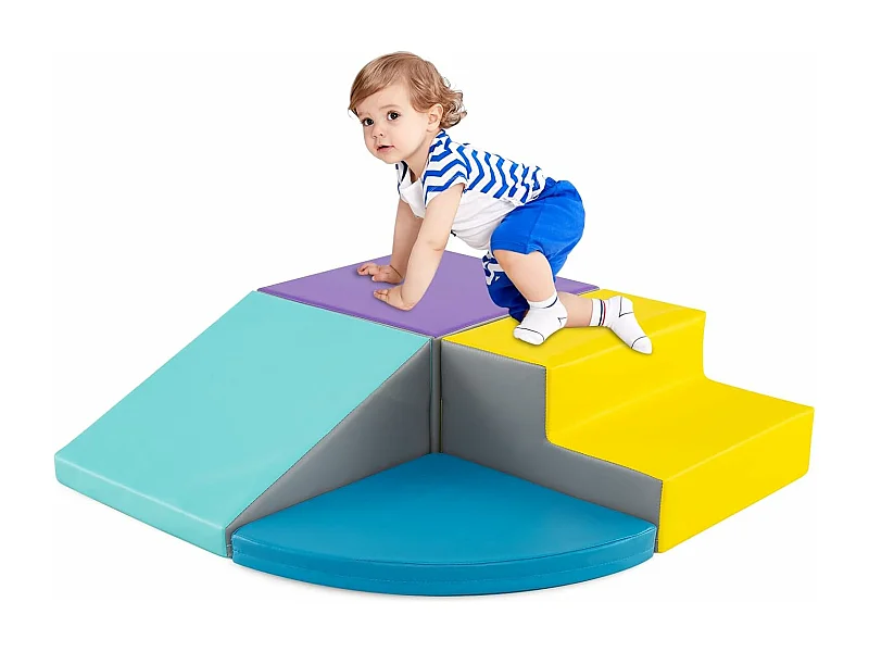 4 stuks baby-activiteitengym van EPE-schuim met PU-hoes, baby-activiteitencentrum met glijbaan en verschillende vormen, voor kleuters, blauw + geel