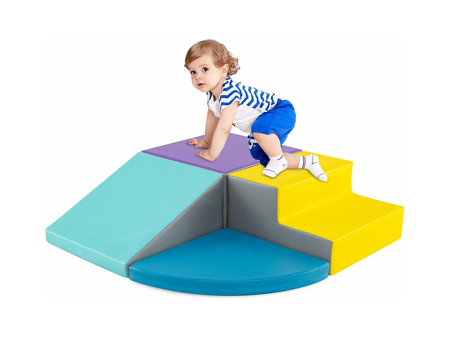 4PCS Parcours Motricité Bébé en Mousse EPE Housse en PU, Module Motricité Bébé avec Toboggan & Différentes Formes, pour Enfants d'Âge Préscolaire, Bleu+jaune