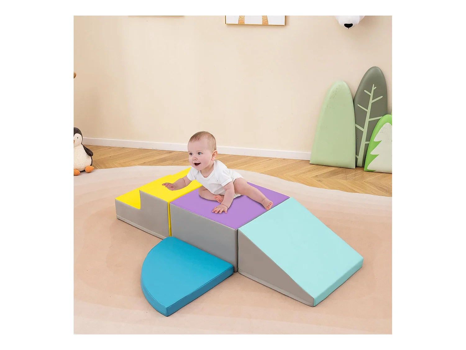 4PCS Parcours Motricité Bébé en Mousse EPE Housse en PU, Module Motricité Bébé avec Toboggan & Différentes Formes, pour Enfants d'Âge Préscolaire, Bleu+jaune