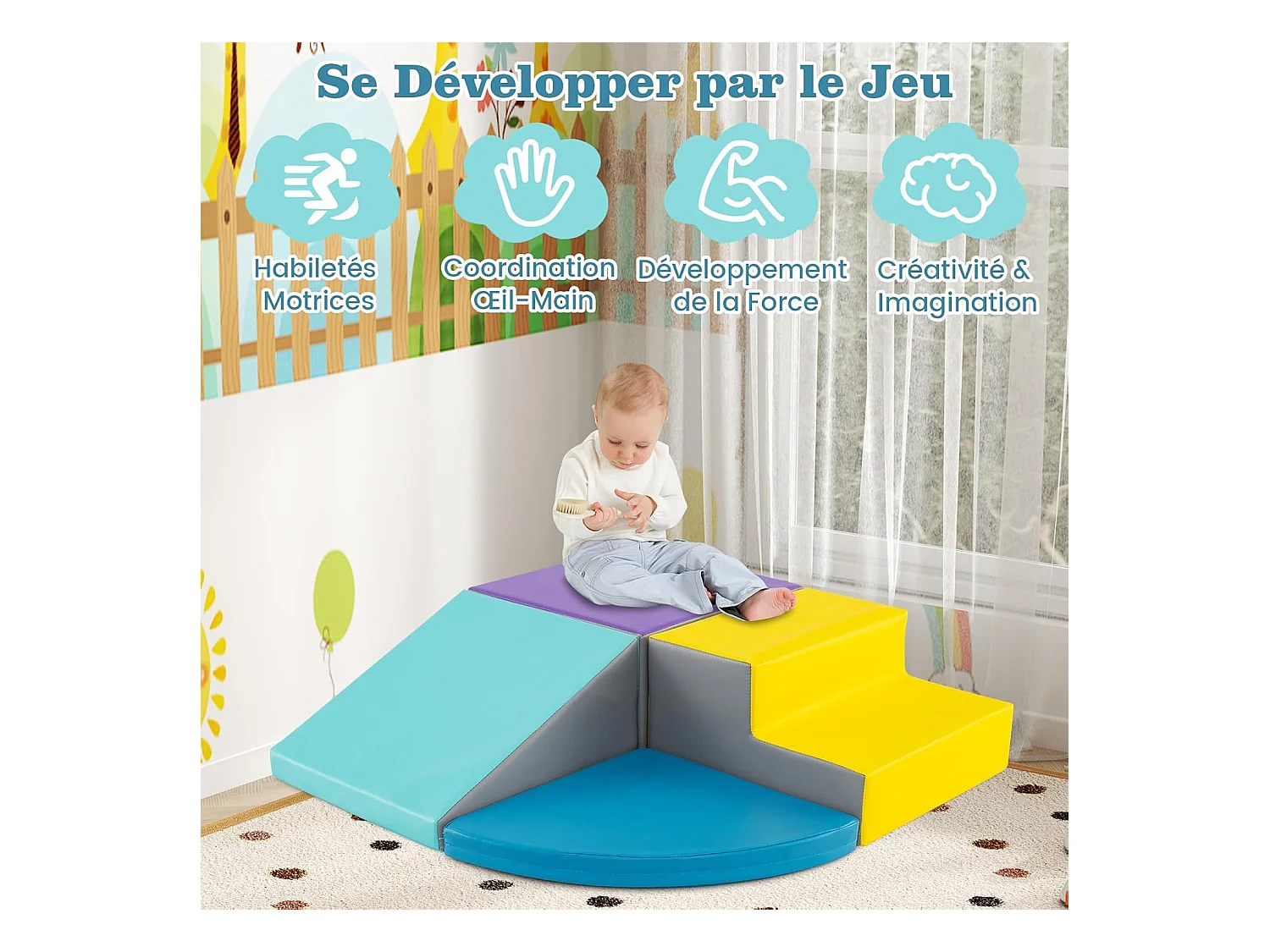 4PCS Parcours Motricité Bébé en Mousse EPE Housse en PU, Module Motricité Bébé avec Toboggan & Différentes Formes, pour Enfants d'Âge Préscolaire, Bleu+jaune