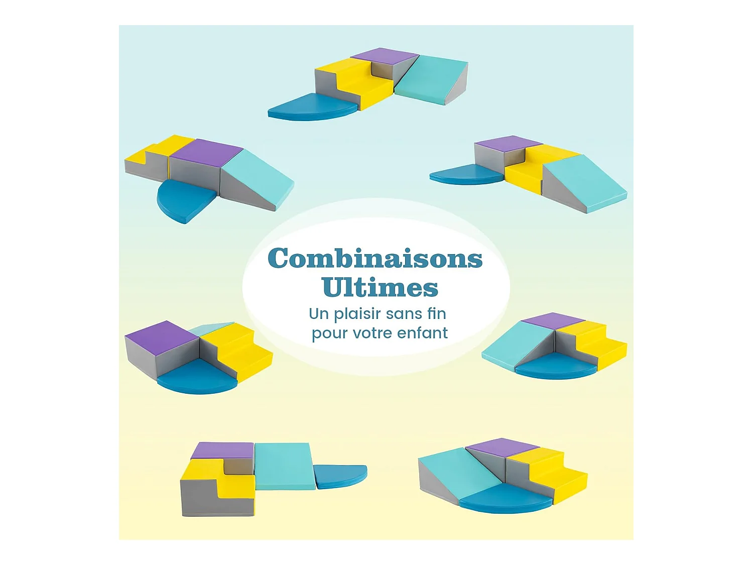 4PCS Parcours Motricité Bébé en Mousse EPE Housse en PU, Module Motricité Bébé avec Toboggan & Différentes Formes, pour Enfants d'Âge Préscolaire, Bleu+jaune