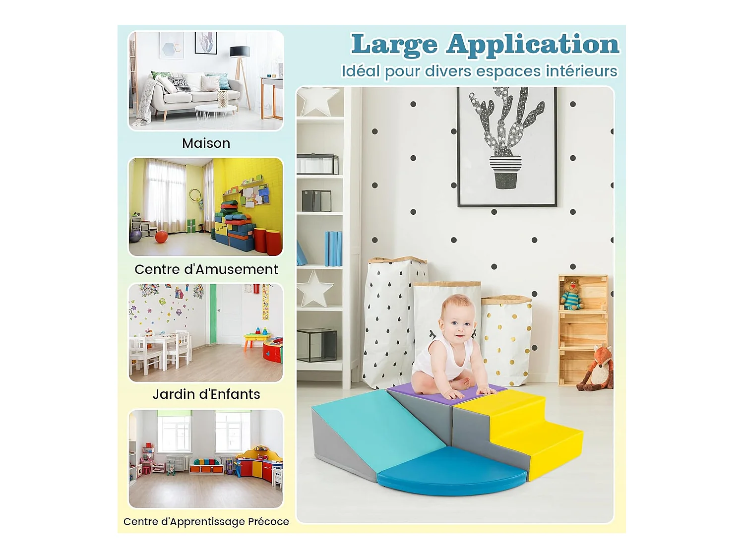 4PCS Parcours Motricité Bébé en Mousse EPE Housse en PU, Module Motricité Bébé avec Toboggan & Différentes Formes, pour Enfants d'Âge Préscolaire, Bleu+jaune