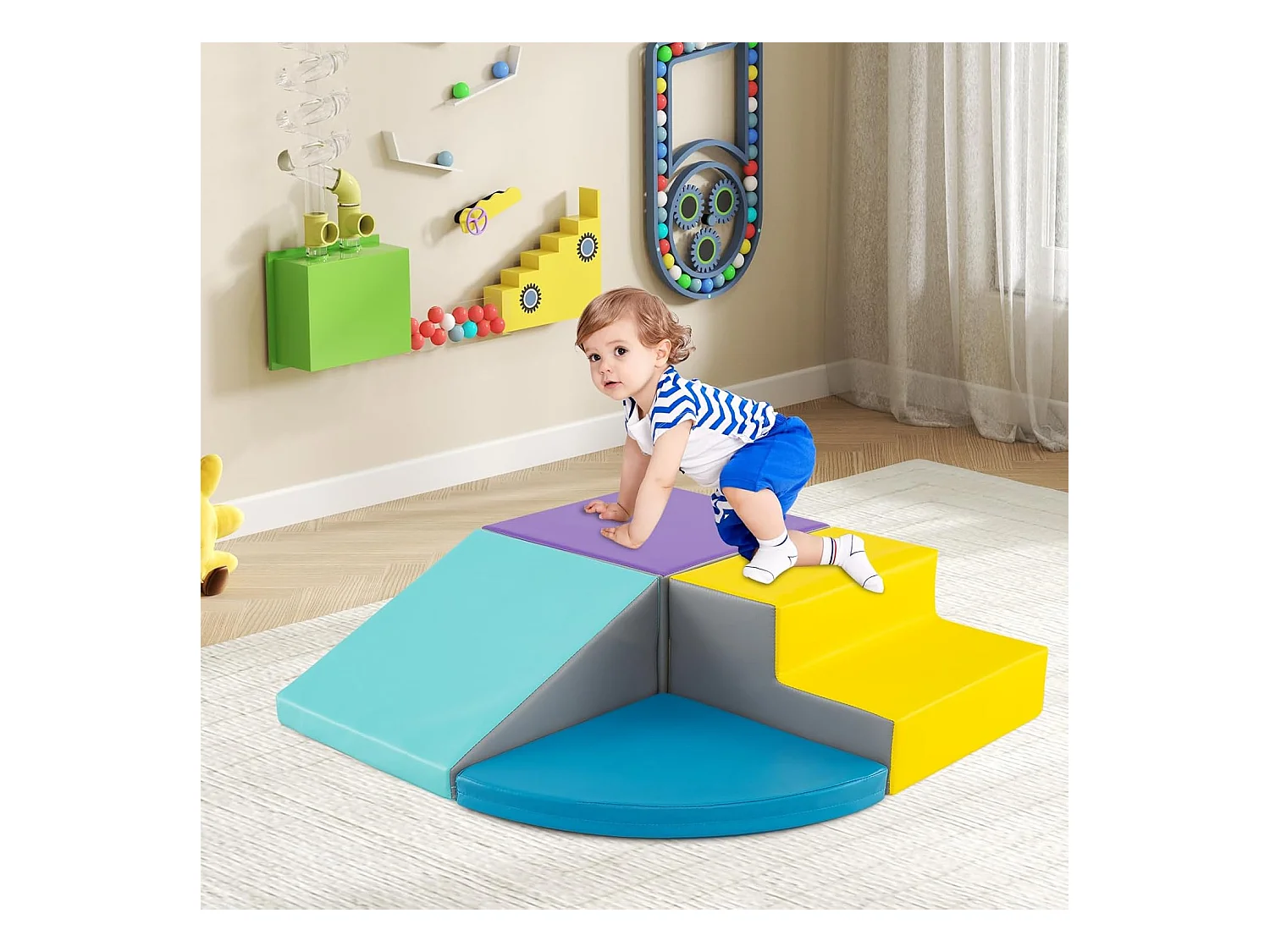 4PCS Parcours Motricité Bébé en Mousse EPE Housse en PU, Module Motricité Bébé avec Toboggan & Différentes Formes, pour Enfants d'Âge Préscolaire, Bleu+jaune