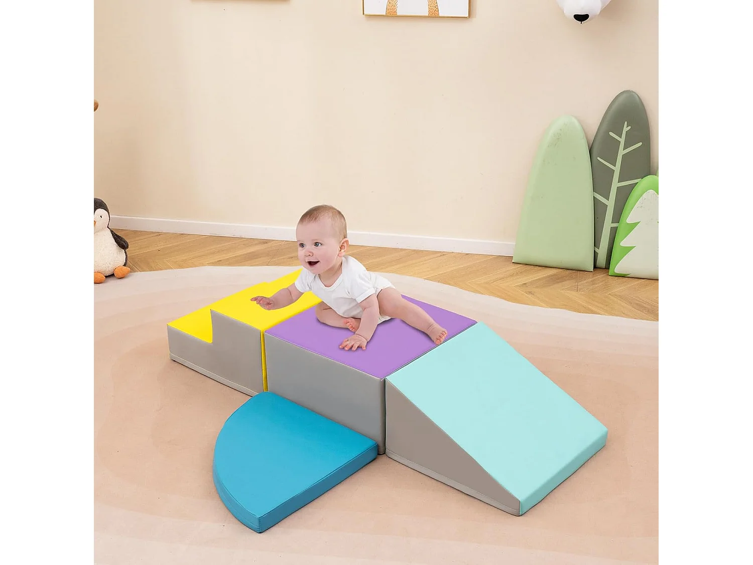 4PCS Parcours Motricité Bébé en Mousse EPE Housse en PU, Module Motricité Bébé avec Toboggan & Différentes Formes, pour Enfants d'Âge Préscolaire, Bleu+jaune