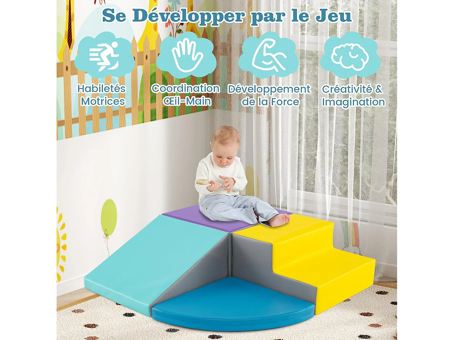 4PCS Parcours Motricité Bébé en Mousse EPE Housse en PU, Module Motricité Bébé avec Toboggan & Différentes Formes, pour Enfants d'Âge Préscolaire, Bleu+jaune