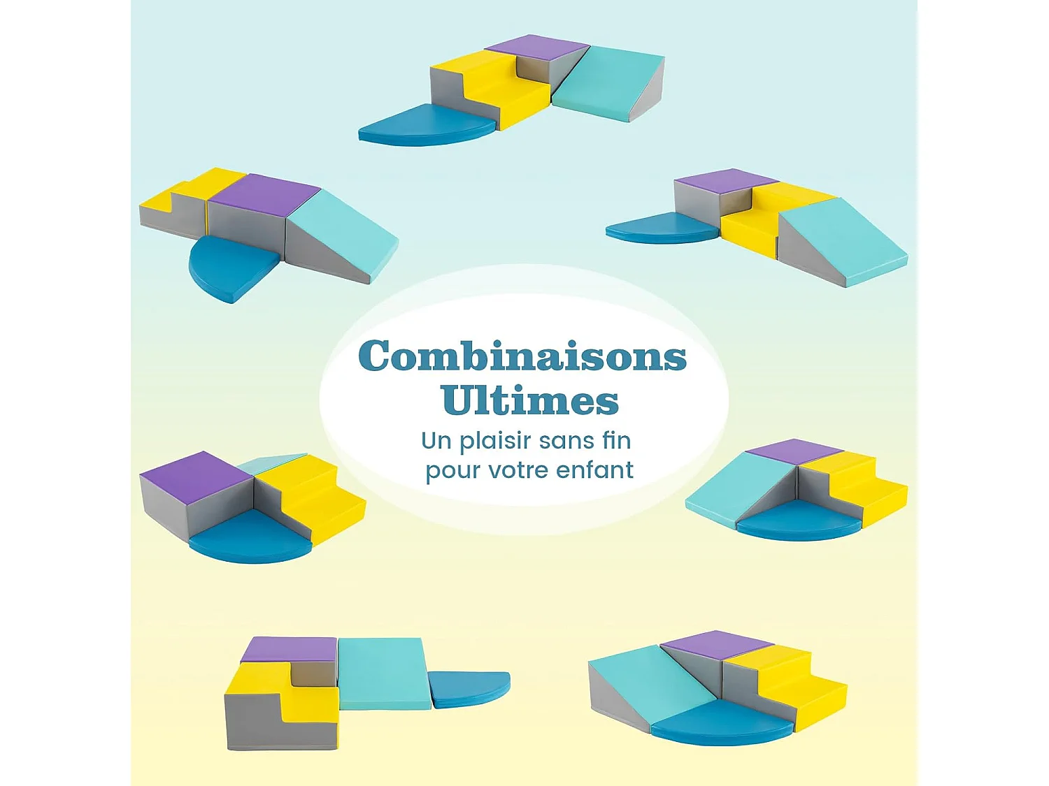 4PCS Parcours Motricité Bébé en Mousse EPE Housse en PU, Module Motricité Bébé avec Toboggan & Différentes Formes, pour Enfants d'Âge Préscolaire, Bleu+jaune