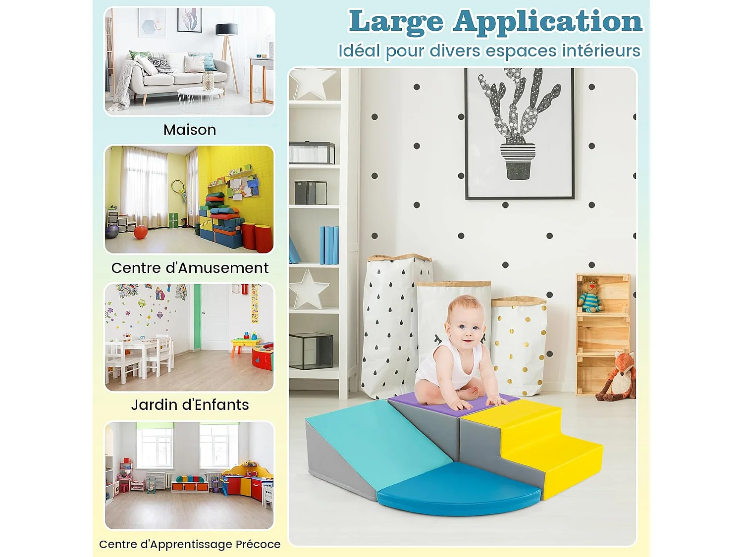 4PCS Parcours Motricité Bébé en Mousse EPE Housse en PU, Module Motricité Bébé avec Toboggan & Différentes Formes, pour Enfants d'Âge Préscolaire, Bleu+jaune