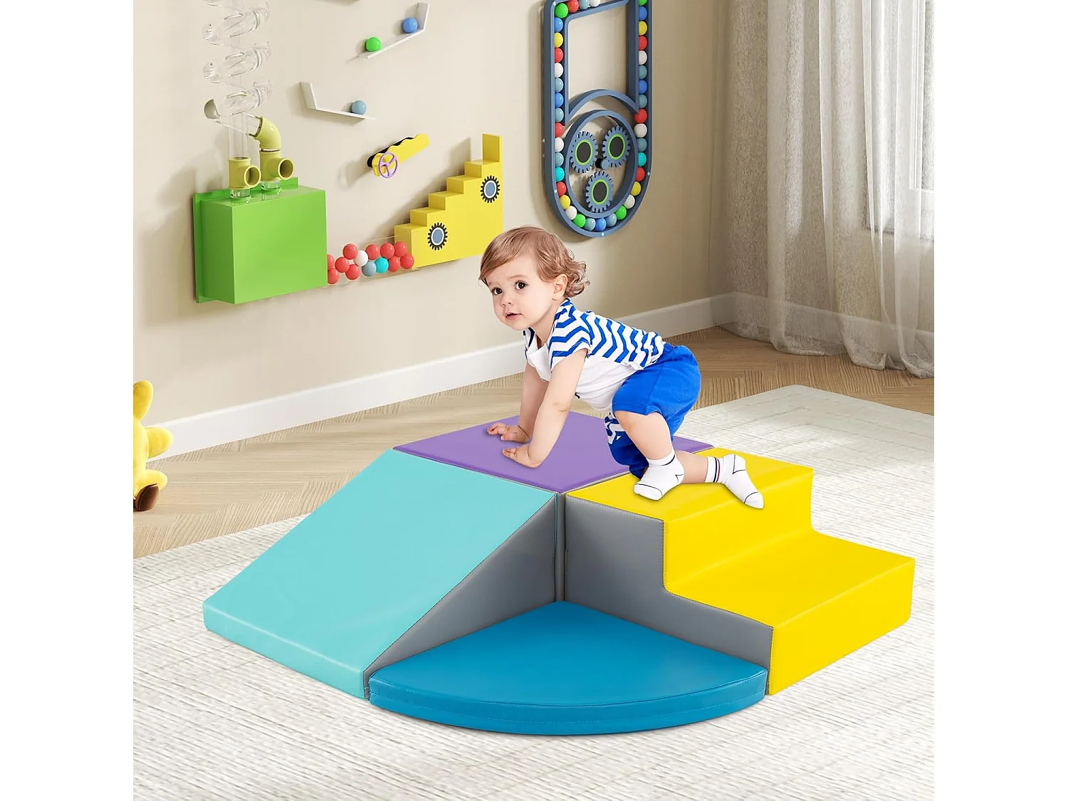 4PCS Parcours Motricité Bébé en Mousse EPE Housse en PU, Module Motricité Bébé avec Toboggan & Différentes Formes, pour Enfants d'Âge Préscolaire, Bleu+jaune