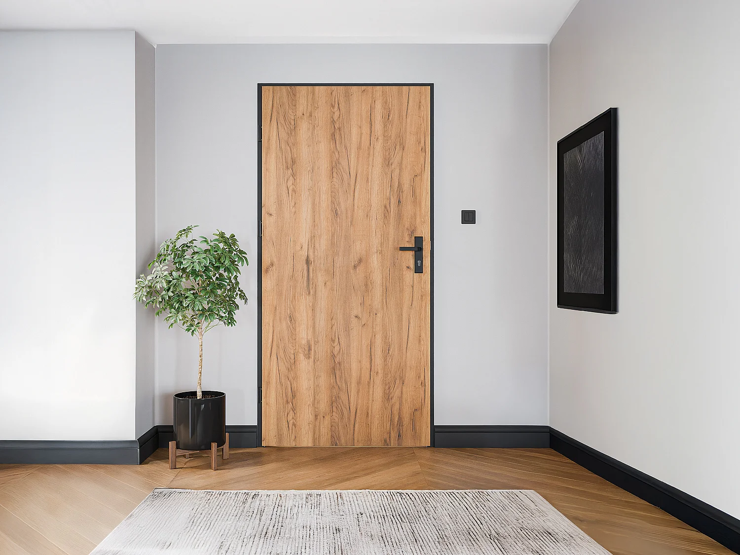 Porte d'entrée en acier pleine et inox H207 x L100 cm effet chêne - poussant droit - LUSADA