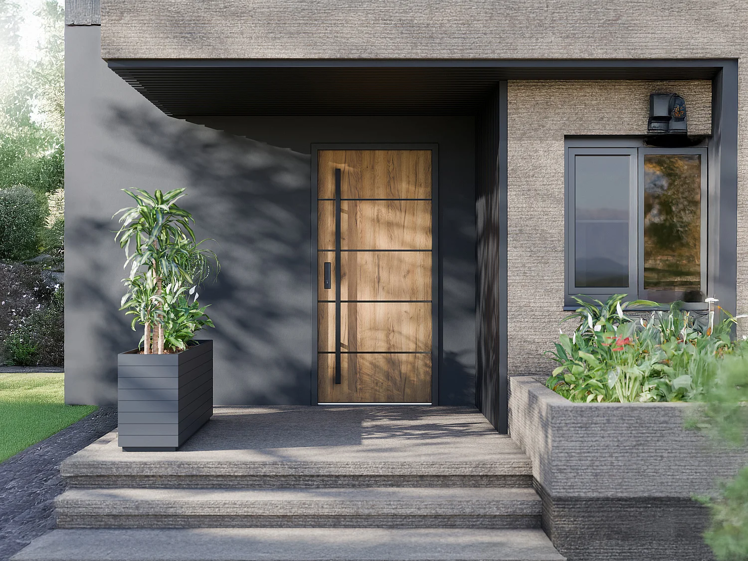 Porte d'entrée en acier pleine et inox H207 x L100 cm effet chêne - poussant droit - LUSADA