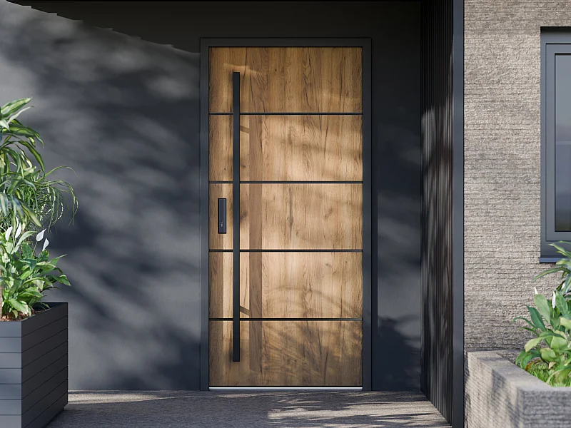 Porte d'entrée en acier pleine et inox H207 x L100 cm effet chêne - poussant droit - LUSADA