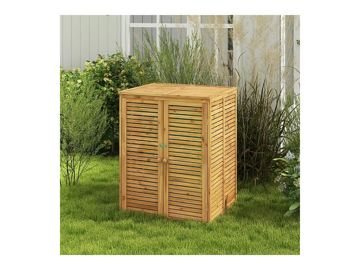 Cache Poubelle Exterieur 120 L, Abri Poubelle en Bois avec Couvercle Relevable, Doubles Portes, Loquet de Verrouillage, Naturel
