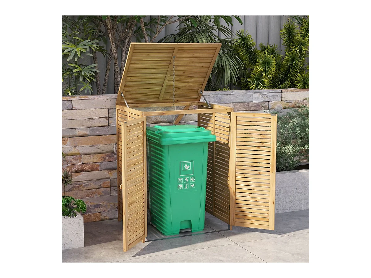 Cache Poubelle Exterieur 120 L, Abri Poubelle en Bois avec Couvercle Relevable, Doubles Portes, Loquet de Verrouillage, Naturel