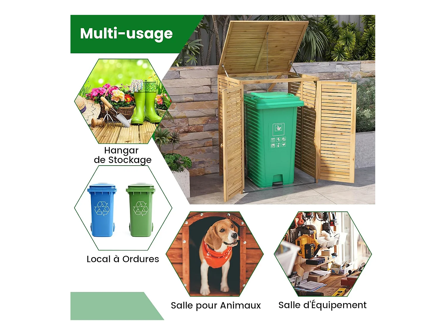 Cache Poubelle Exterieur 120 L, Abri Poubelle en Bois avec Couvercle Relevable, Doubles Portes, Loquet de Verrouillage, Naturel